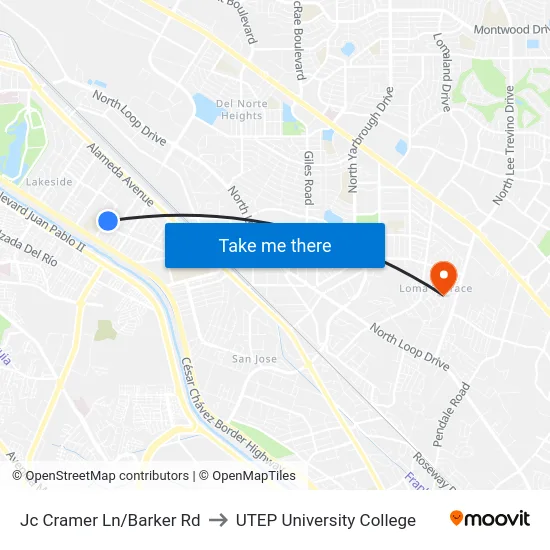 Jc Cramer Ln/Barker Rd to UTEP University College map