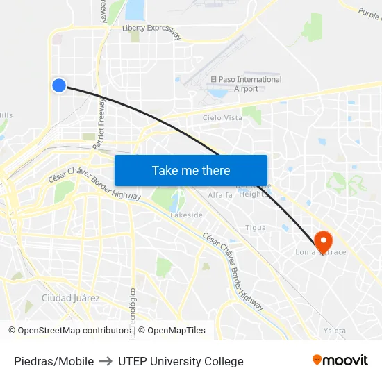 Piedras/Mobile to UTEP University College map