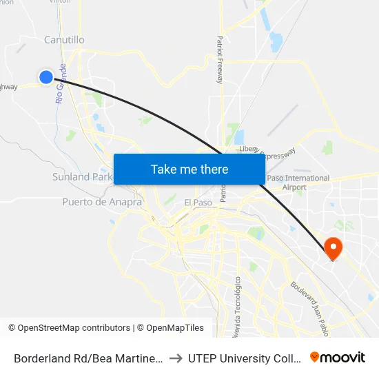 Borderland Rd/Bea Martinez Pl to UTEP University College map