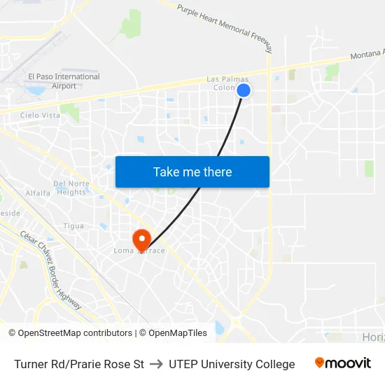 Turner Rd/Prarie Rose St to UTEP University College map