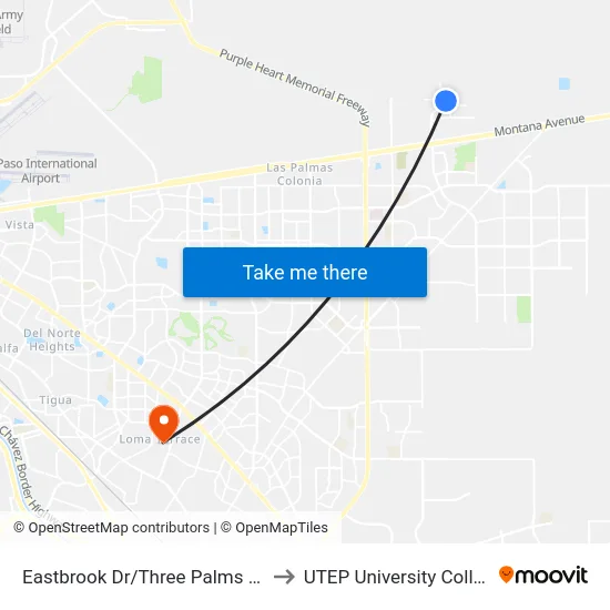 Eastbrook Dr/Three Palms Apt. to UTEP University College map