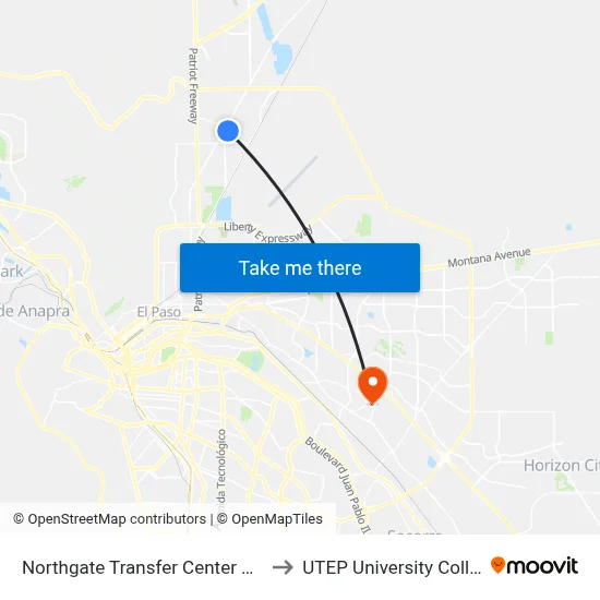 Northgate Transfer Center Bay B to UTEP University College map