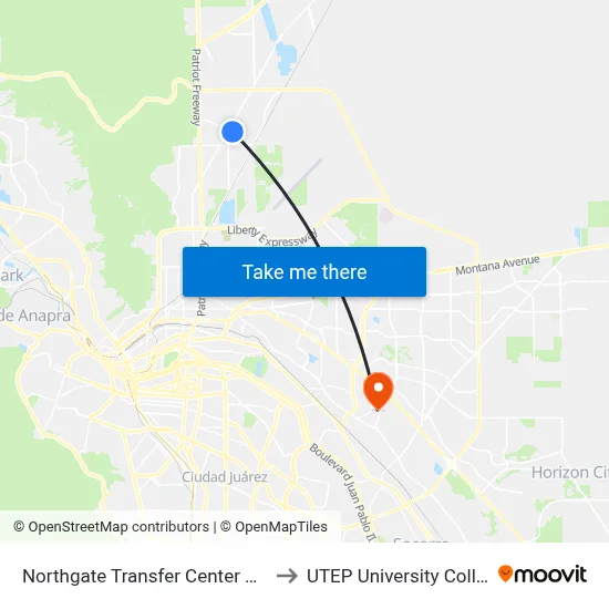 Northgate Transfer Center Bay F to UTEP University College map