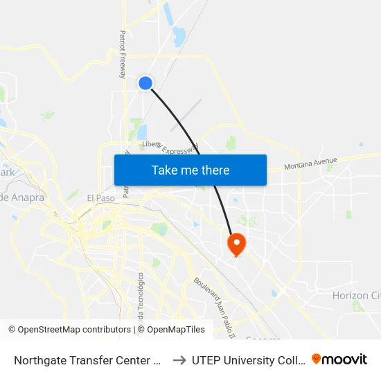 Northgate Transfer Center Bay E to UTEP University College map