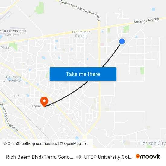 Rich Beem Blvd/Tierra Sonora Dr to UTEP University College map