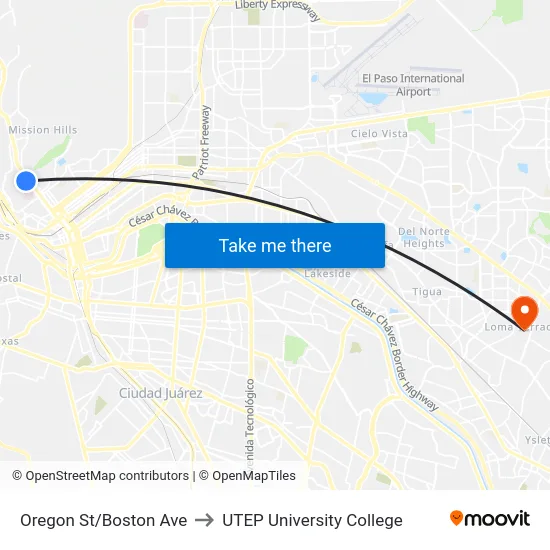 Oregon St/Boston Ave to UTEP University College map