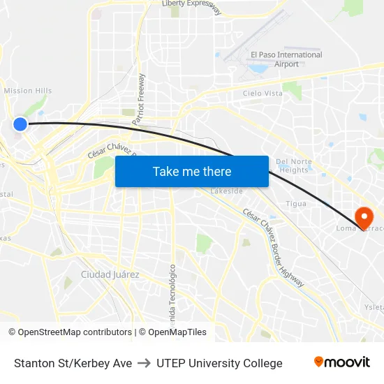 Stanton St/Kerbey Ave to UTEP University College map
