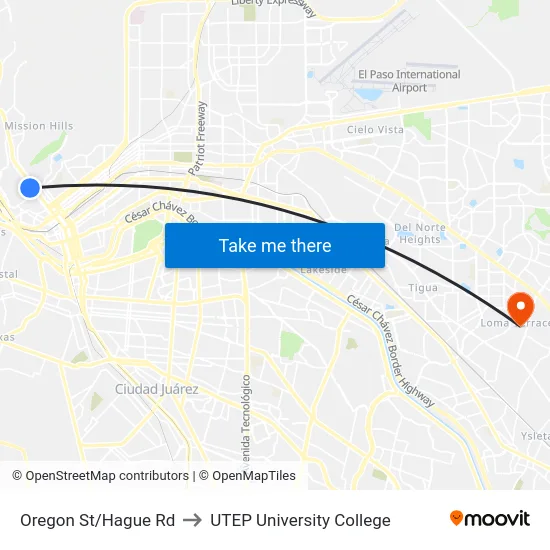 Oregon St/Hague Rd to UTEP University College map