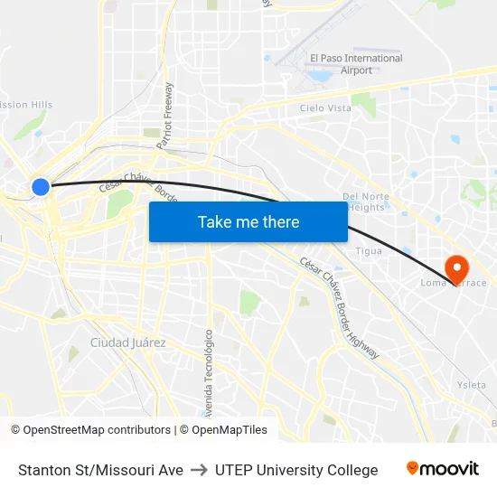 Stanton St/Missouri Ave to UTEP University College map
