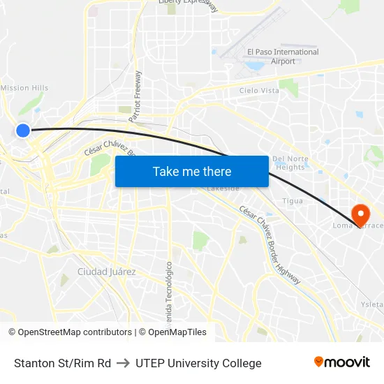 Stanton St/Rim Rd to UTEP University College map