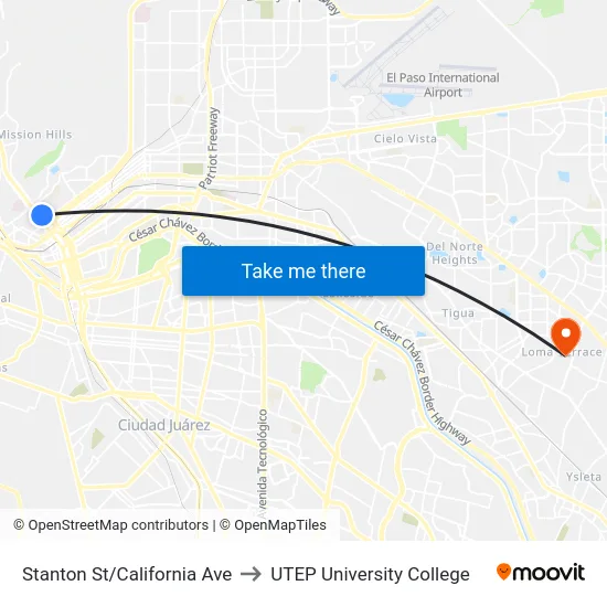 Stanton St/California Ave to UTEP University College map