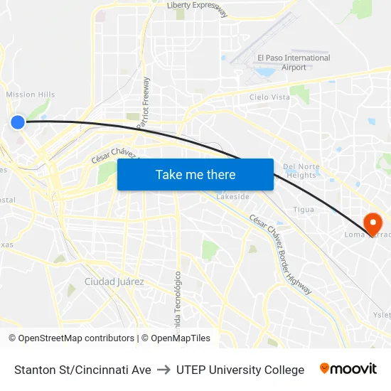 Stanton St/Cincinnati Ave to UTEP University College map