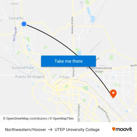 Northwestern/Hoover to UTEP University College map