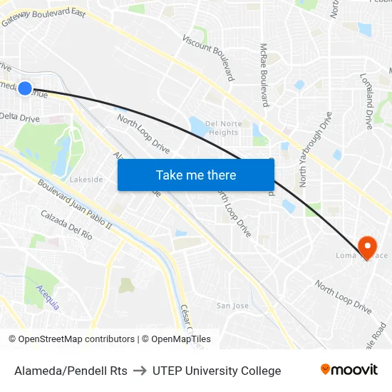 Alameda/Pendell Rts to UTEP University College map