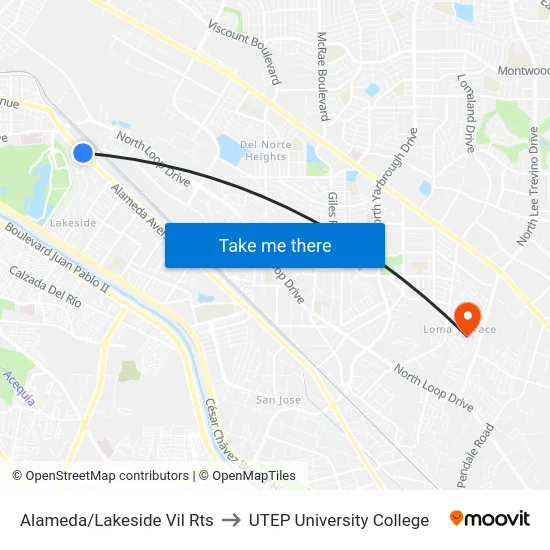 Alameda/Lakeside Vil Rts to UTEP University College map