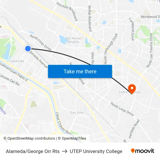 Alameda/George Orr Rts to UTEP University College map