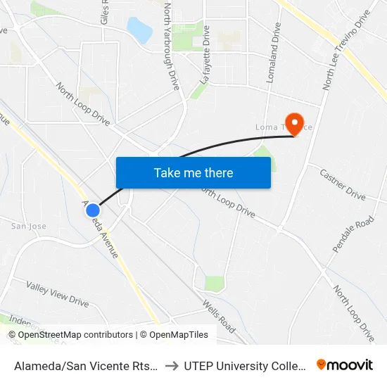 Alameda/San Vicente Rts 2 to UTEP University College map
