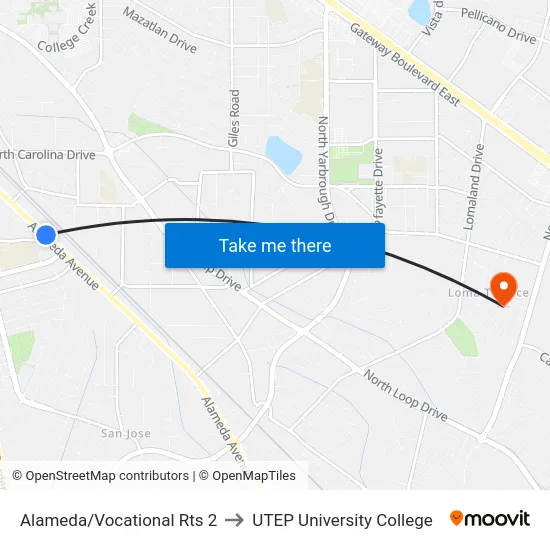 Alameda/Vocational Rts 2 to UTEP University College map