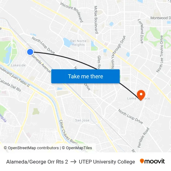 Alameda/George Orr Rts 2 to UTEP University College map