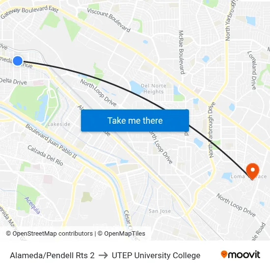 Alameda/Pendell Rts 2 to UTEP University College map