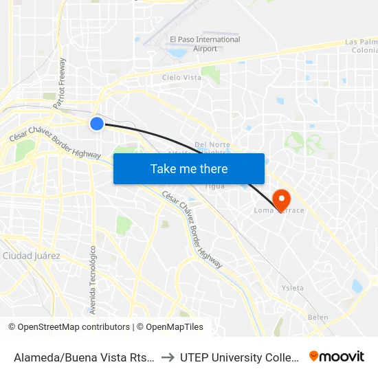 Alameda/Buena Vista Rts 2 to UTEP University College map