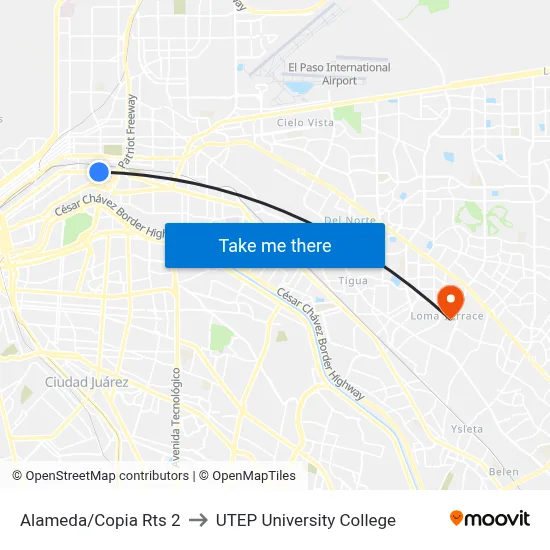 Alameda/Copia Rts 2 to UTEP University College map