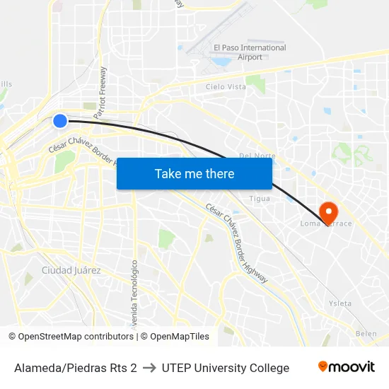 Alameda/Piedras Rts 2 to UTEP University College map