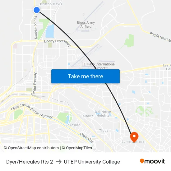 Dyer/Hercules Rts 2 to UTEP University College map
