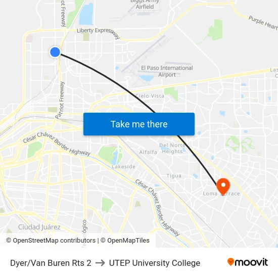 Dyer/Van Buren Rts 2 to UTEP University College map