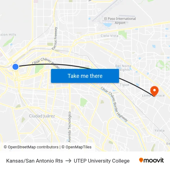 Kansas/San Antonio Rts to UTEP University College map