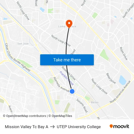 Mission Valley Tc Bay A to UTEP University College map