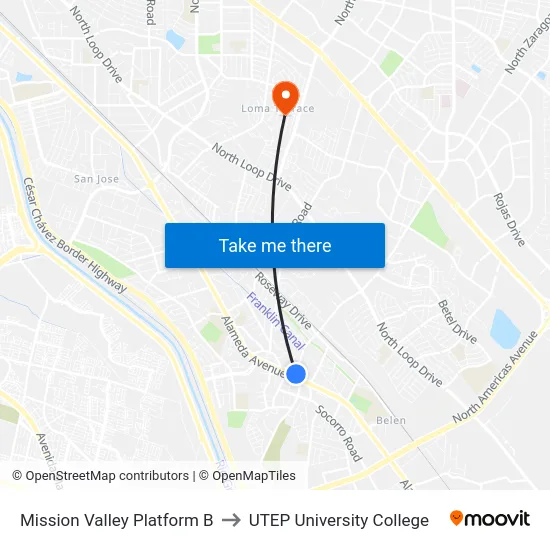 Mission Valley Platform B to UTEP University College map
