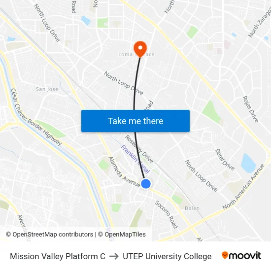 Mission Valley Platform C to UTEP University College map