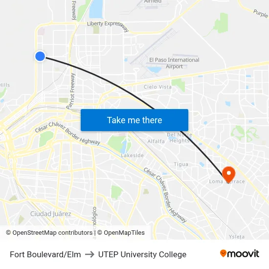 Fort Boulevard/Elm to UTEP University College map