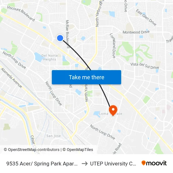 9535 Acer/ Spring Park Apartments to UTEP University College map
