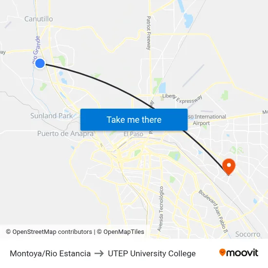 Montoya/Rio Estancia to UTEP University College map