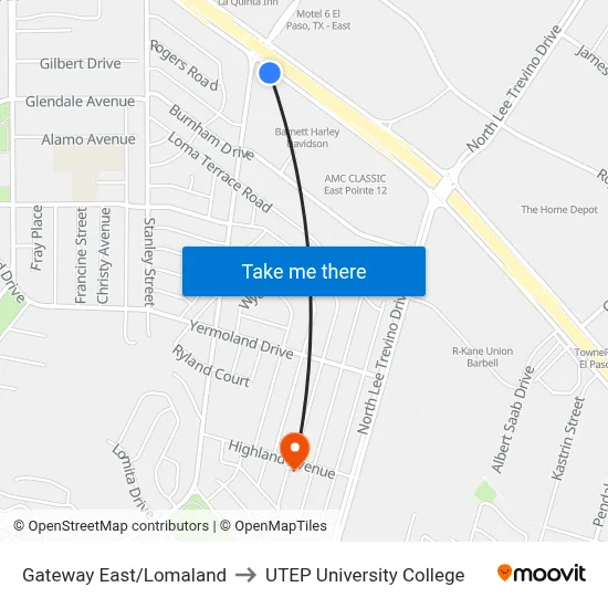 Gateway East/Lomaland to UTEP University College map