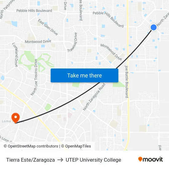 Tierra Este/Zaragoza to UTEP University College map