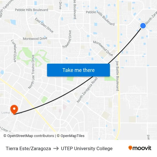 Tierra Este/Zaragoza to UTEP University College map
