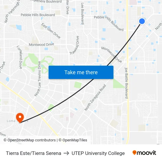 Tierra Este/Tierra Serena to UTEP University College map