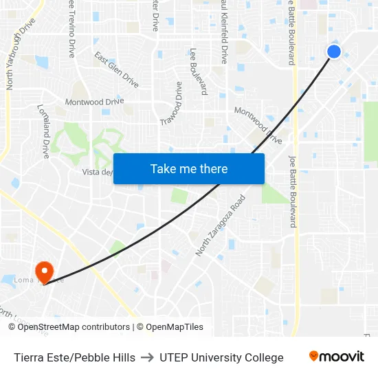 Tierra Este/Pebble Hills to UTEP University College map