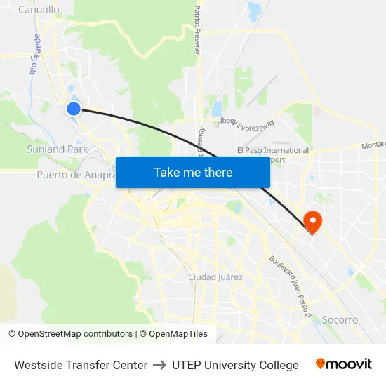 Westside Transfer Center to UTEP University College map