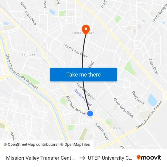 Mission Valley Transfer Center Bay G to UTEP University College map