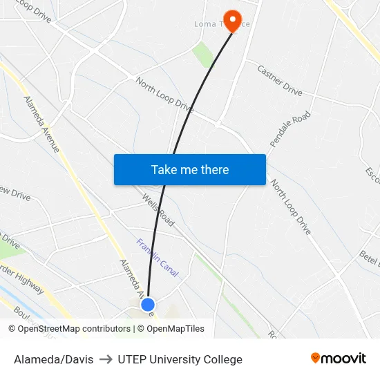Alameda/Davis to UTEP University College map