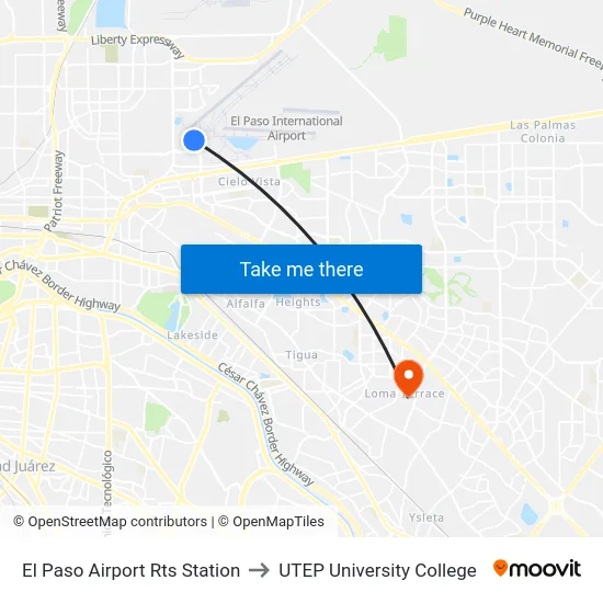 El Paso Airport Rts Station to UTEP University College map