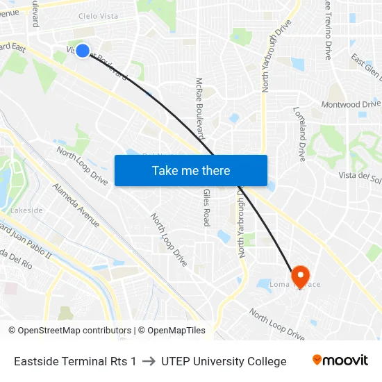 Eastside Terminal Rts 1 to UTEP University College map