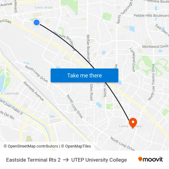 Eastside Terminal Rts 2 to UTEP University College map