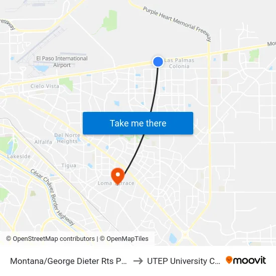 Montana/George Dieter Rts Park&Ride to UTEP University College map