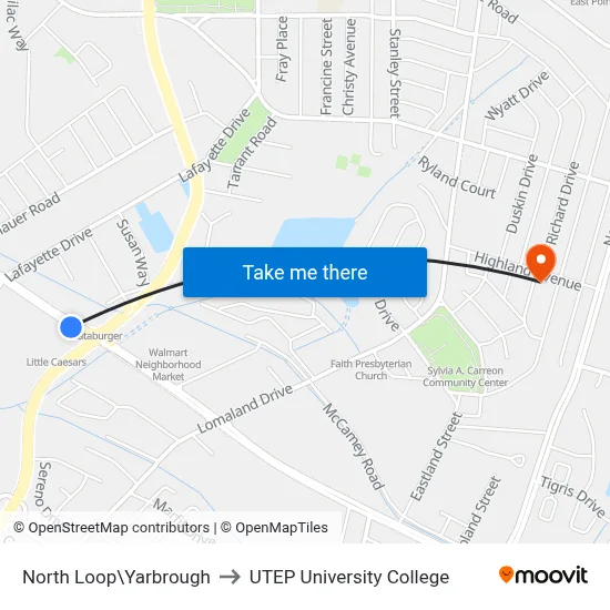 North Loop\Yarbrough to UTEP University College map
