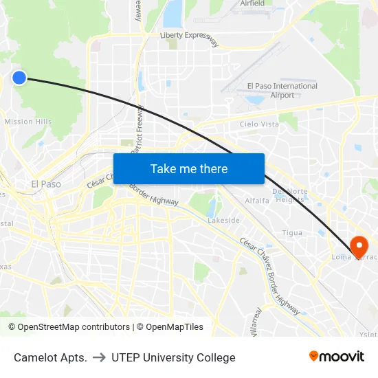 Camelot Apts. to UTEP University College map